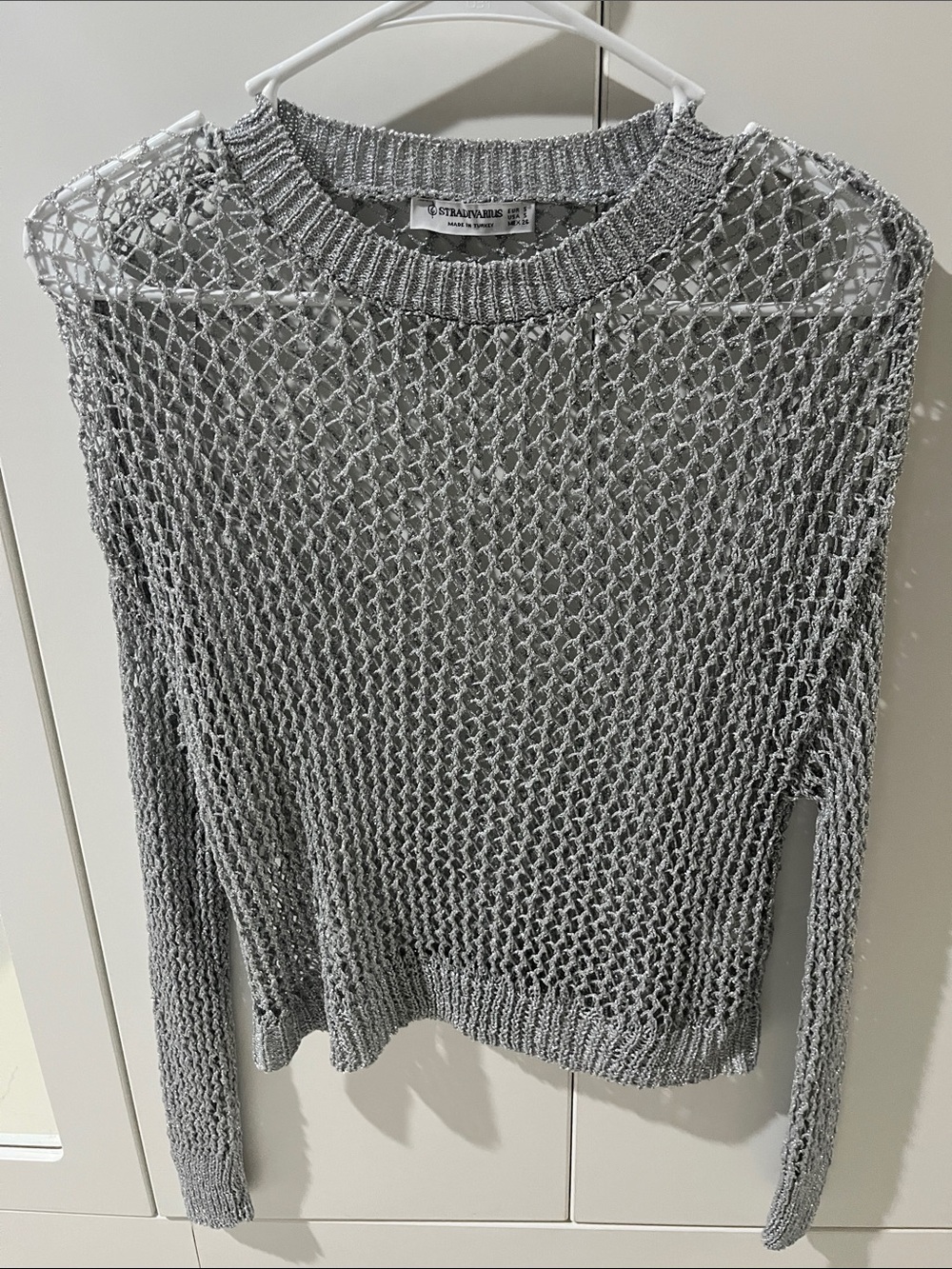 Stradivarius Silver Open-Weave Long Sleeve Sweater